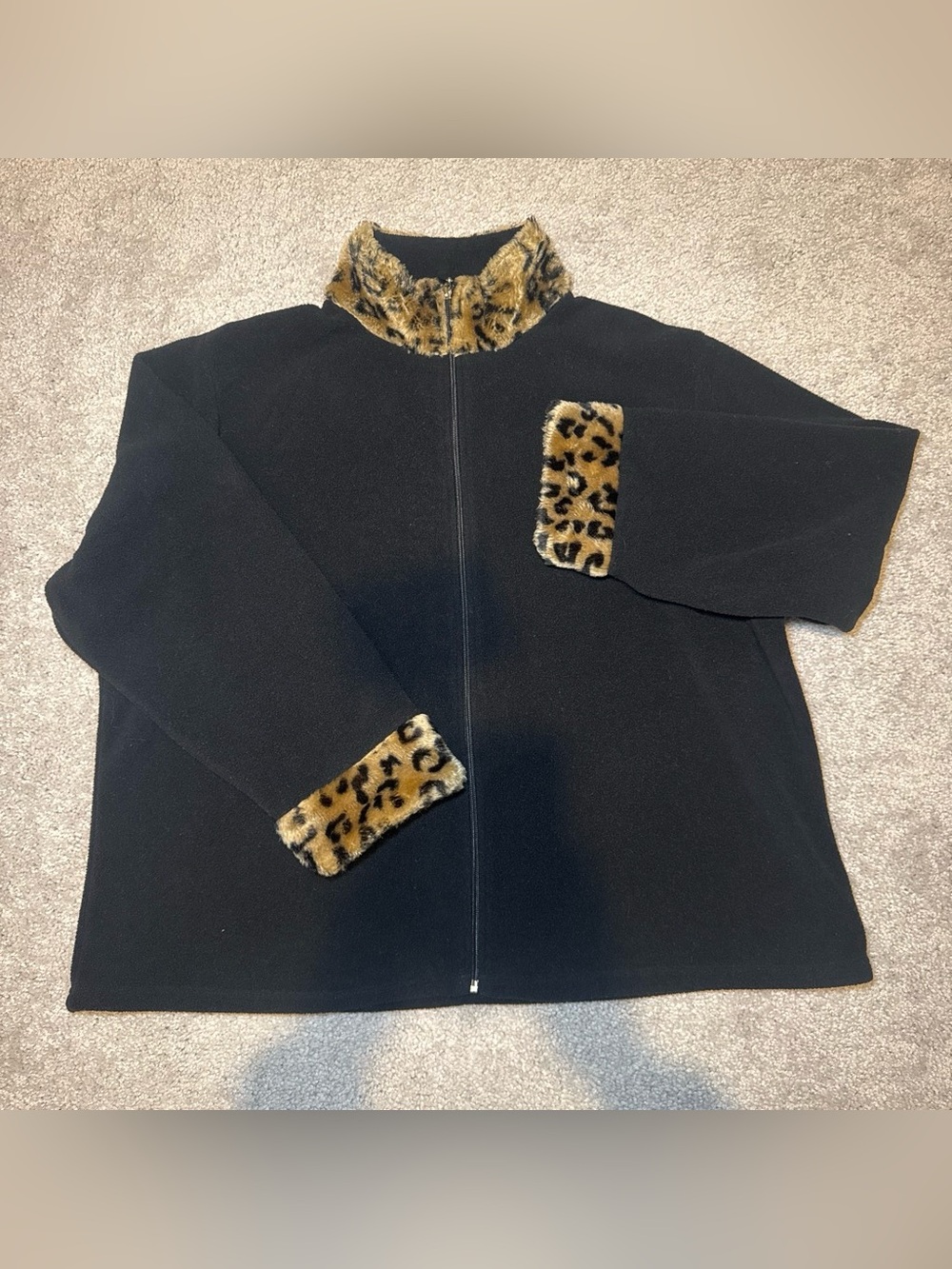 Women’s Black Zip-Front Pea Coat with Leopard Faux-Fur Trim